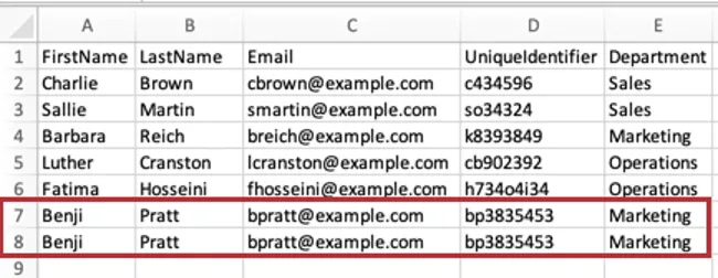 CSV dei partecipanti che è stato caricato e che ha causato gli errori
