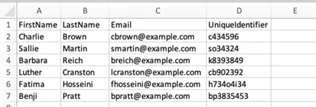 CSV file with example participants