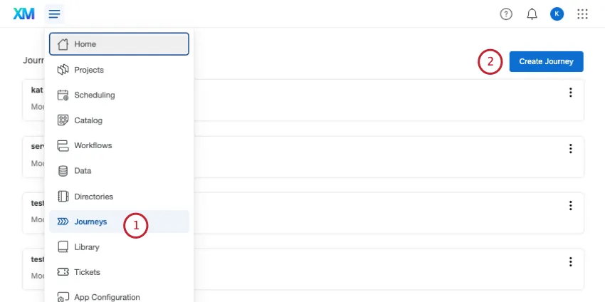 opening the journeys page from global navigation and clicking the create journey button at the top