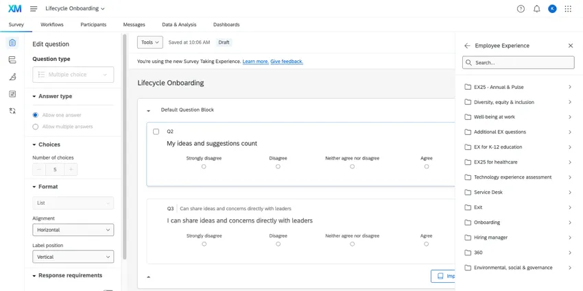 image of a lifecycle project being edited; by importing questions, a panel opens with a library of topics available