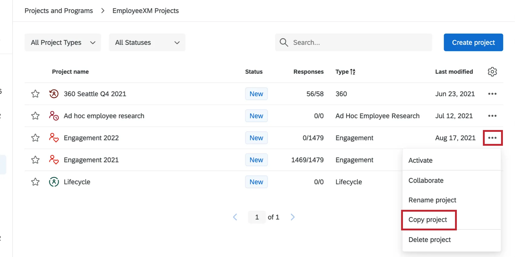 lopzione di copia del progetto nel menu delle opzioni