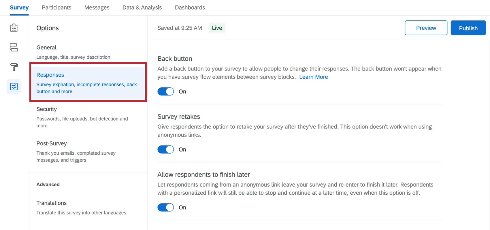 Seção de Respostas das opções da pesquisa