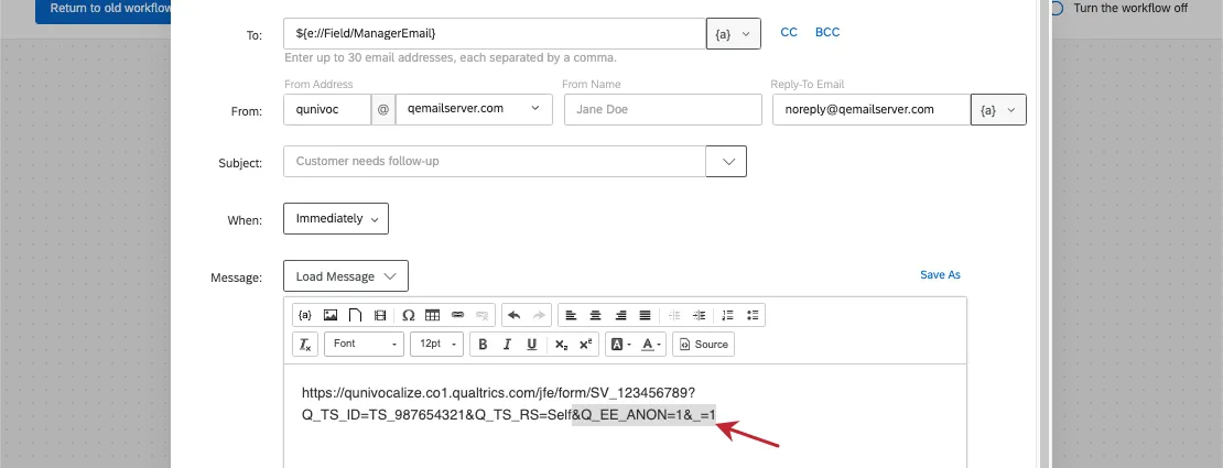 o URL descrito é colado em uma tarefa de e-mail, com a primeira parte a ser excluída destacada em cinza