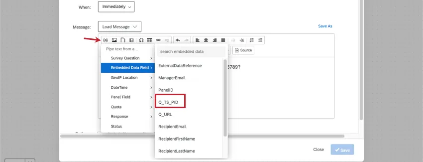 a captura de tela mostra os menus texto transportado, começando pela letra A entre colchetes, seguindo o menu dados integrados para localizar o campo Q TS PID