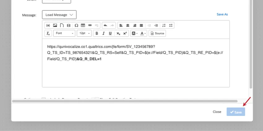 URL terminada en una tarea de correo electrónico. El botón Guardar está en la parte inferior derecha.