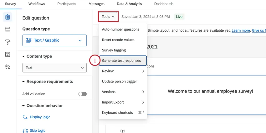 scegliendo la voce Genera risposte del test nel menu Strumenti