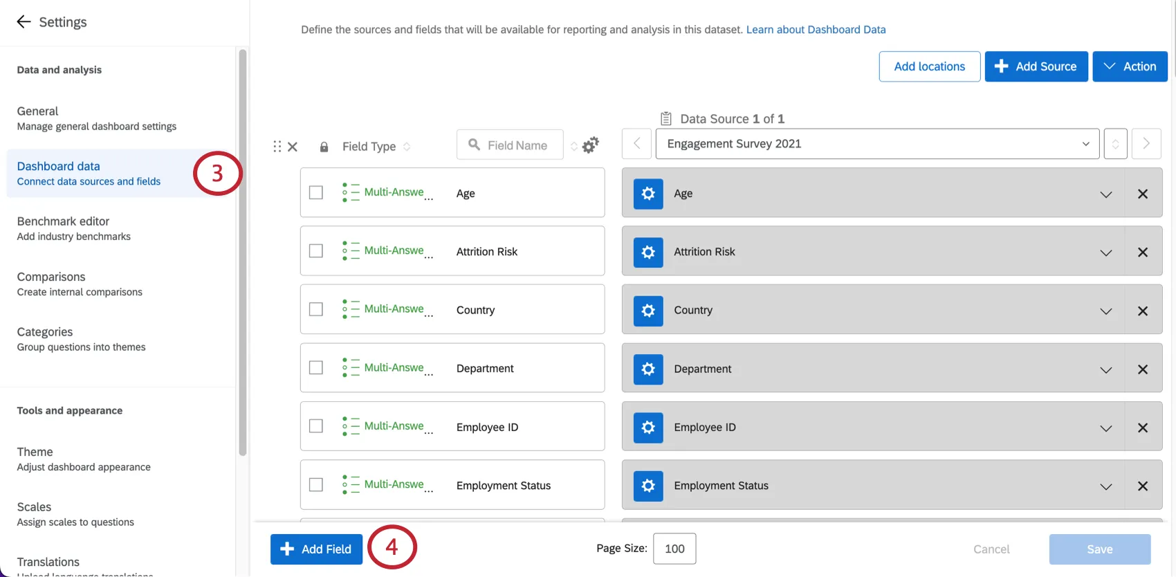 Dashboard Data selected left. Add field very bottom left, blue button
