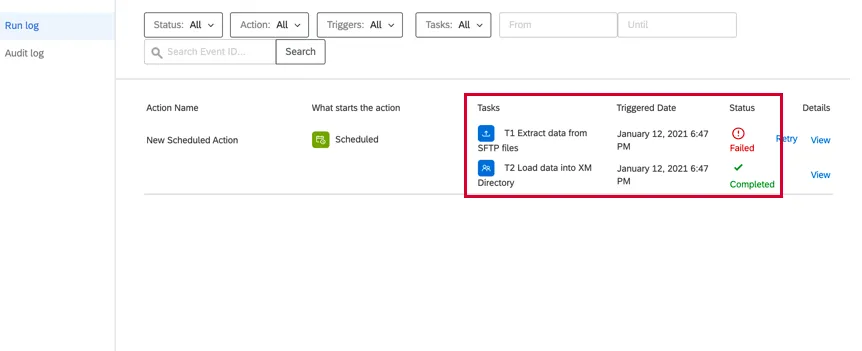 the reporting section. the extract task failed but the load task succeeded