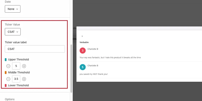 Ticker Value and thresholds highlighted in widget editing pane