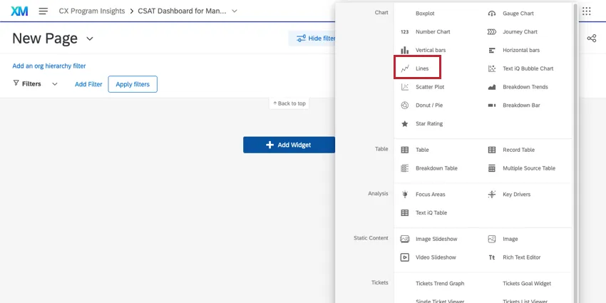 Menü über die Schaltfläche Widget hinzufügen“ erweitert