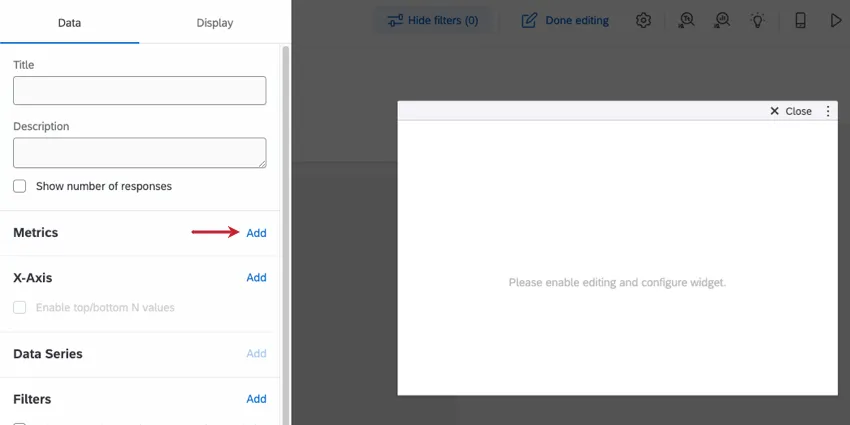 A seção Métricas do painel de edição do widget tem um botão Adicionar