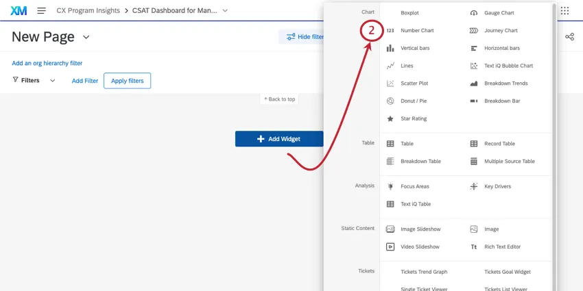 Menu élargi à partir du bouton dajout de widget