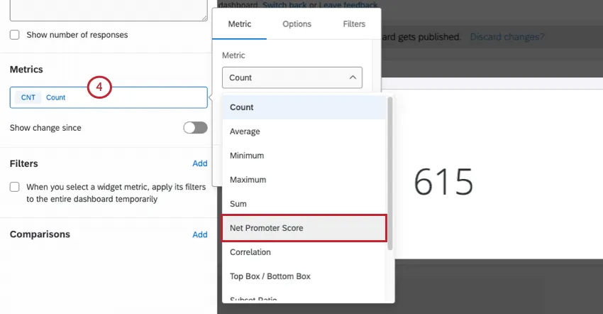 Botão verde de contagem na mesma seção de métricas do painel de edição do widget