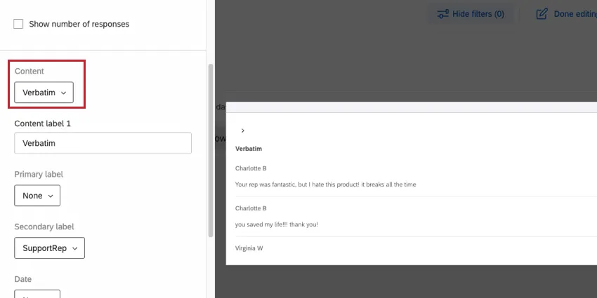 Depois de clicar no widget, o painel de edição é aberto à esquerda e há um campo suspenso chamado Content (Conteúdo)