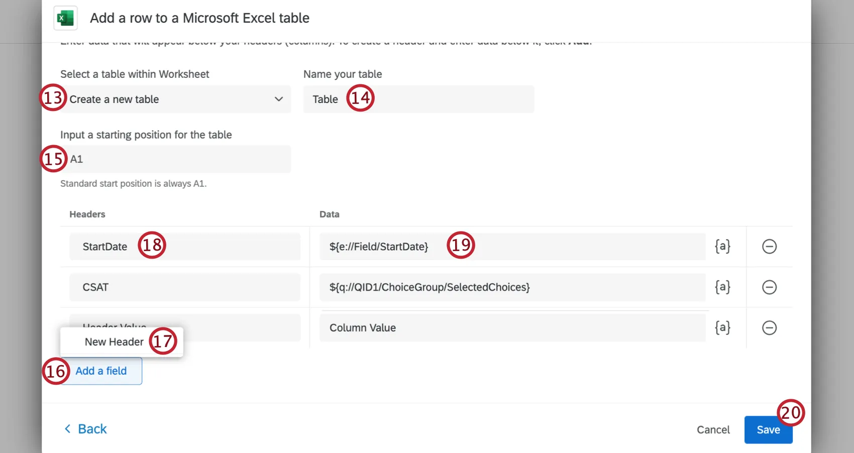 Excelシートにヘッダーとマッピングデータを追加する