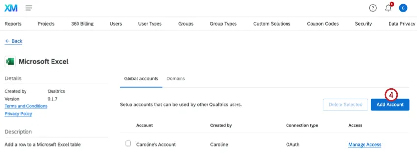 Botón para agregar cuenta dentro de la configuración de la extensión de Microsoft Excel