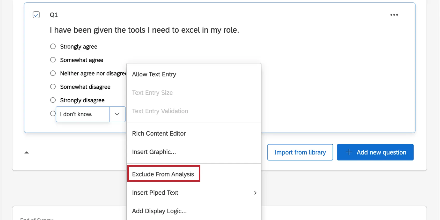 Question in survey tab. Choice selected, blue dropdown arrow selected