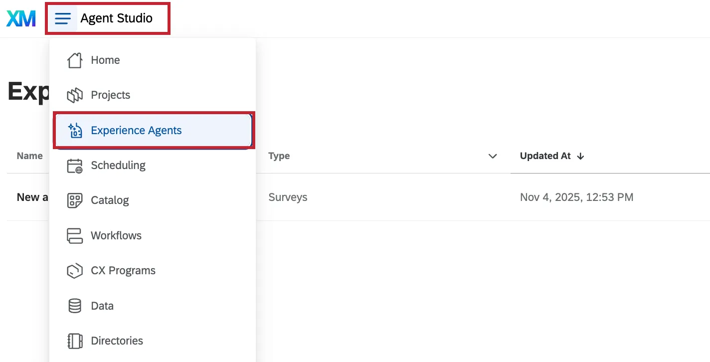 le studio de lagent dans le menu de navigation global