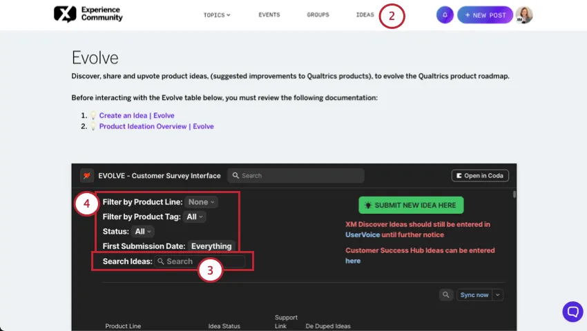 "Ideas" tab within community and the page this leads to, with embedded coda doc
