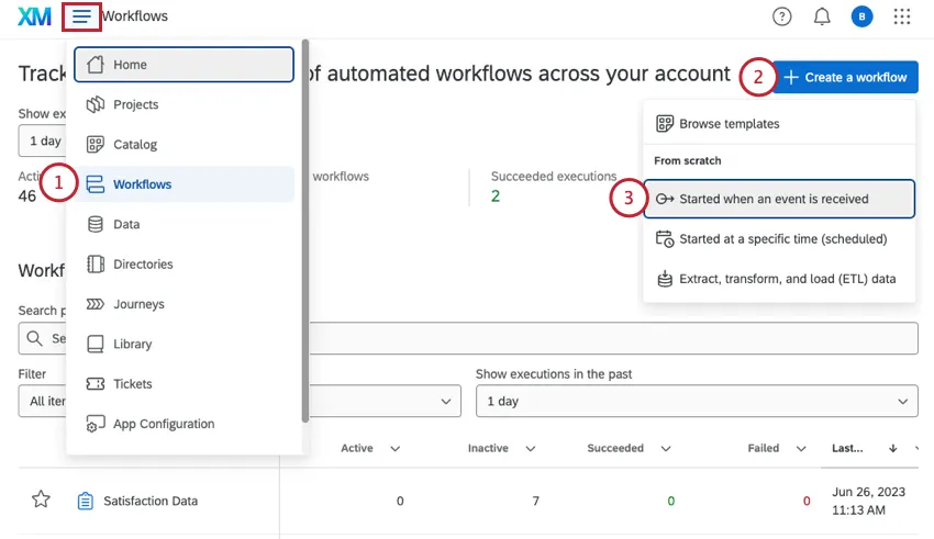 navigating to the standalone workflows page and creating an event based workflow