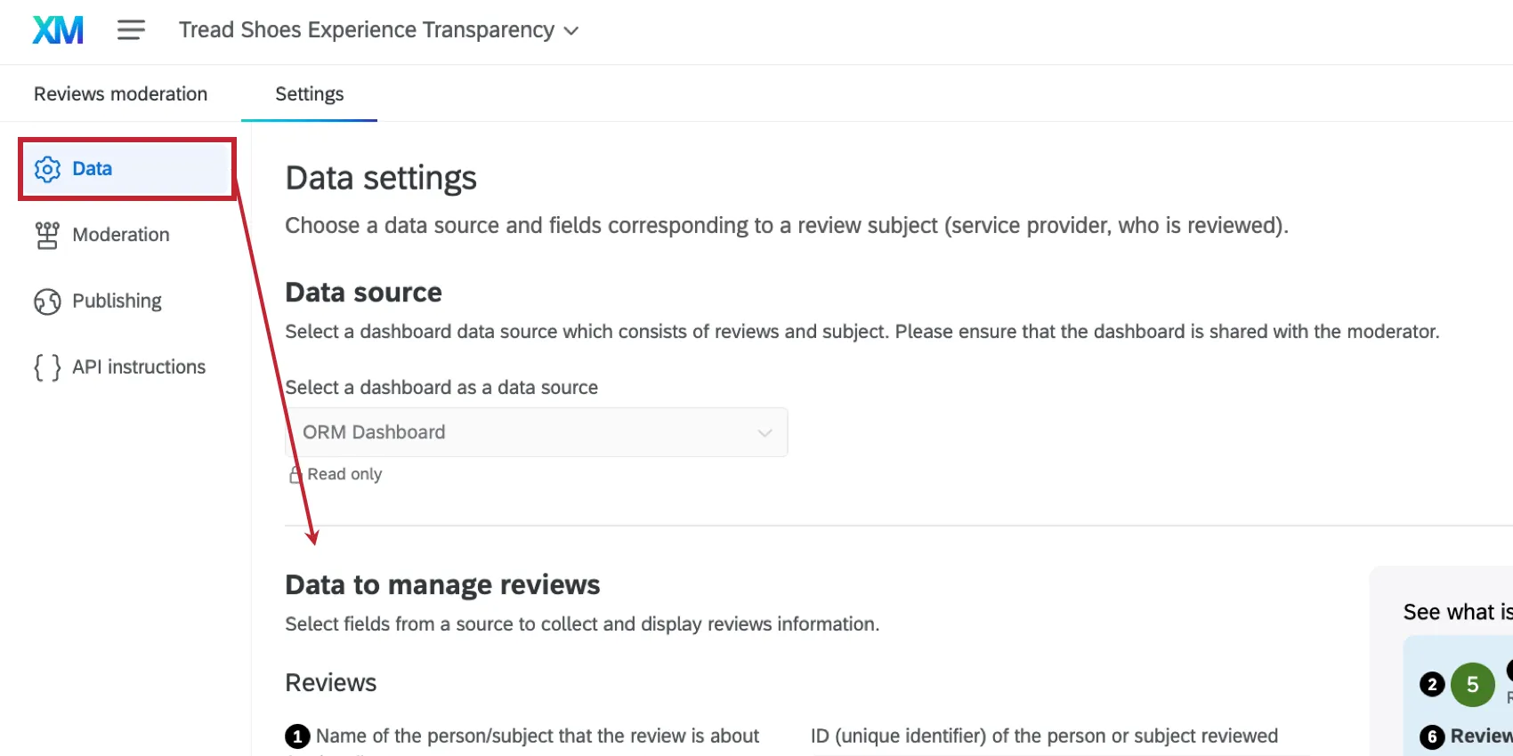the "data to manage reviews" section of the data tab