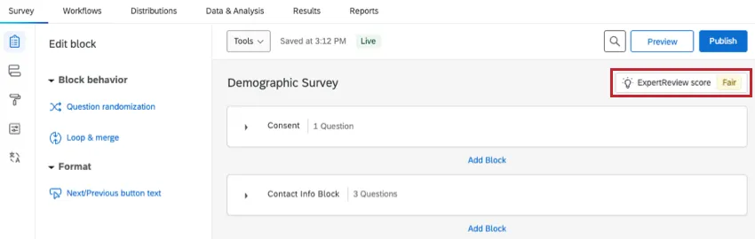 アンケートビルダーの隅、質問やブロックを編集する場所の上に、エキスパートレビューを開くボタンがあります。