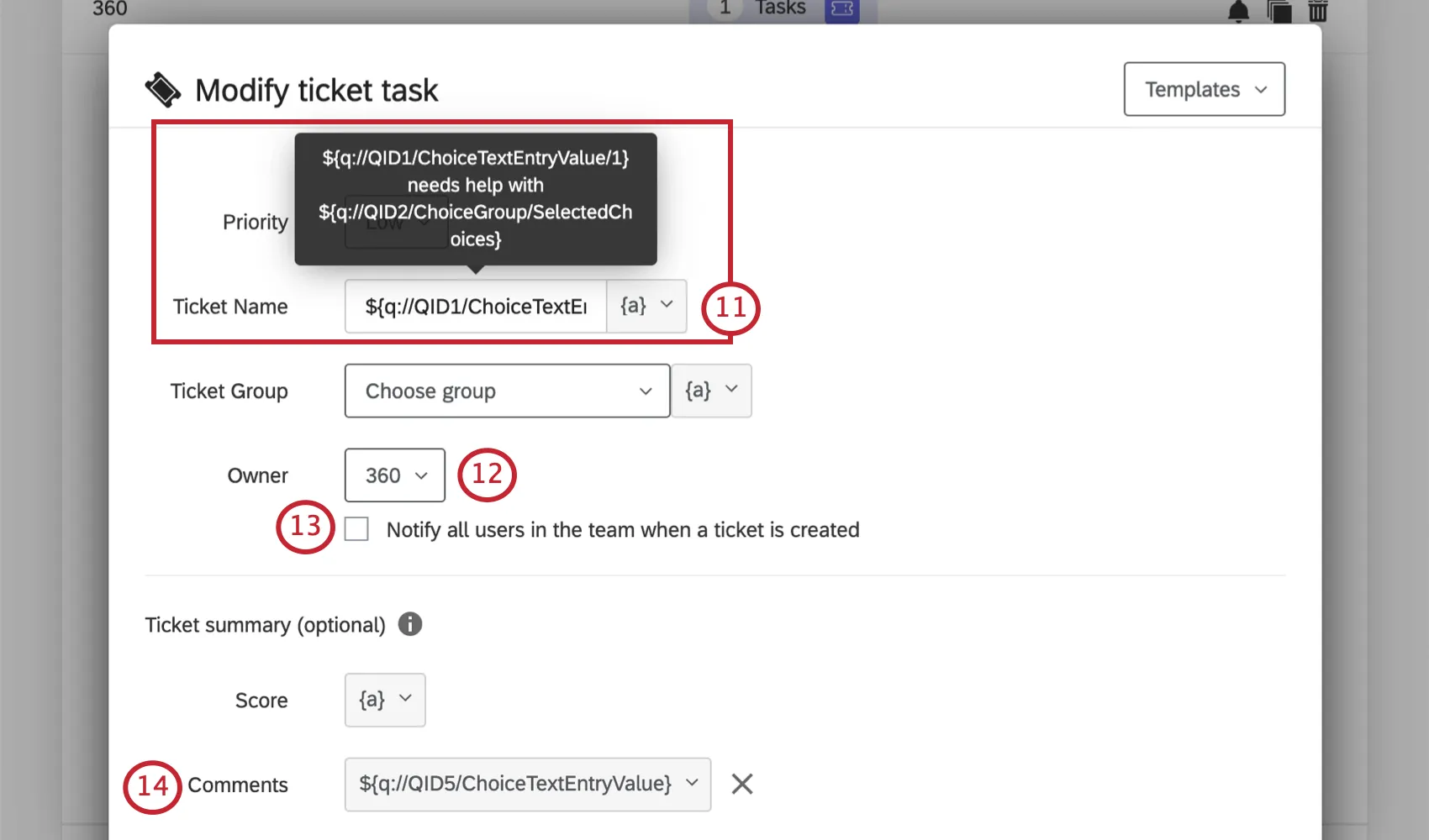 Création dun ticket en haut, choix de léquipe, et vers le bas sélection des tickets
