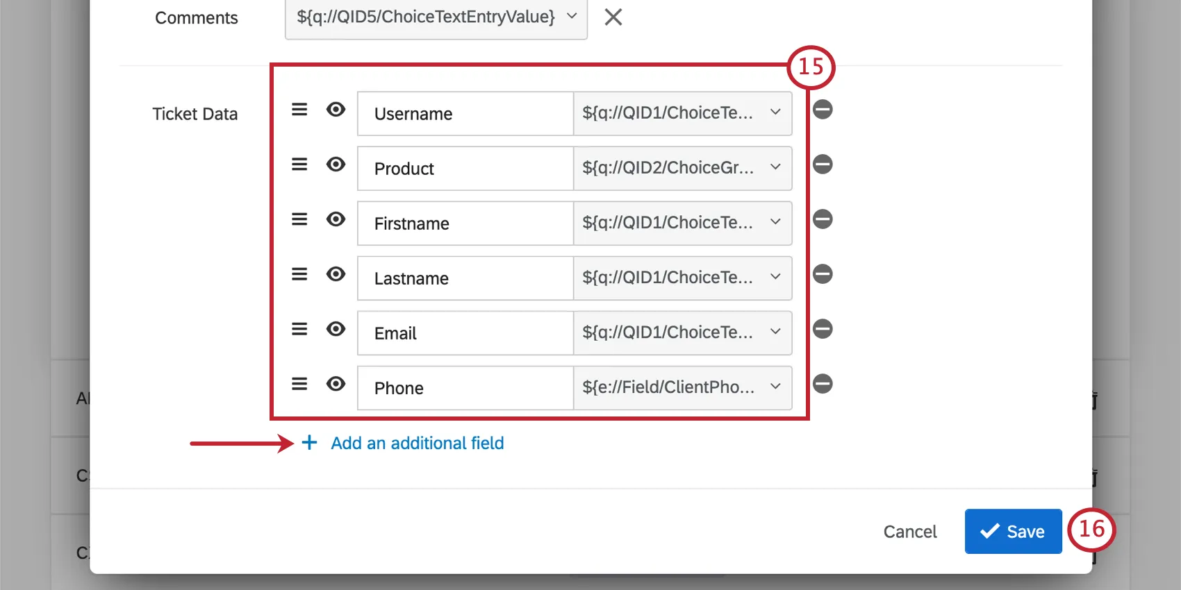 Huge list of ticket data. They all match the forms in the text entry form you made earlier: name, email address, username, and phone