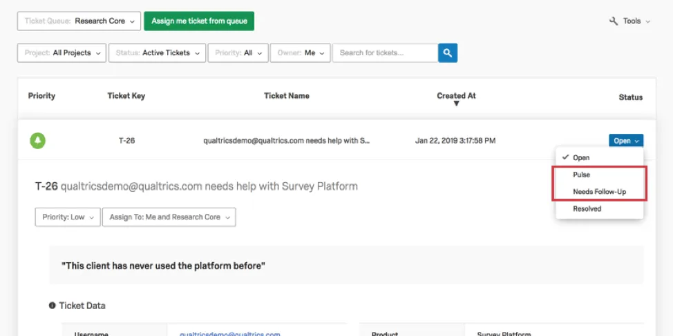 Stati personalizzati su un ticket
