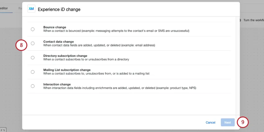 tous les évènements de changement dExperience iD listés