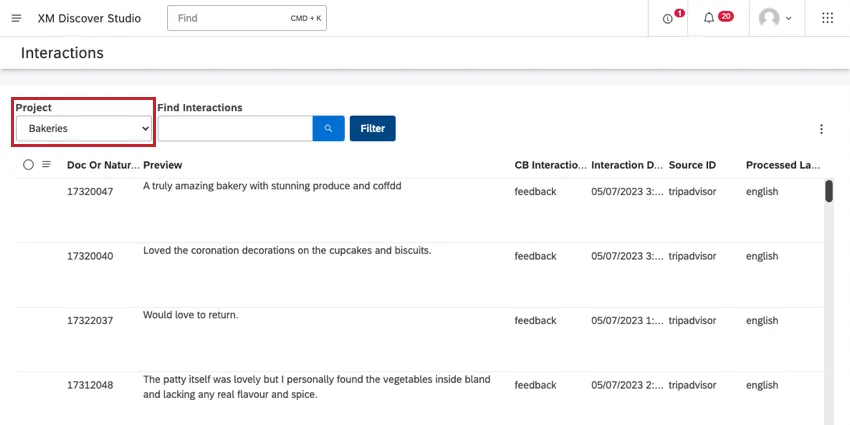menu suspenso do projeto no canto superior esquerdo da página Interações