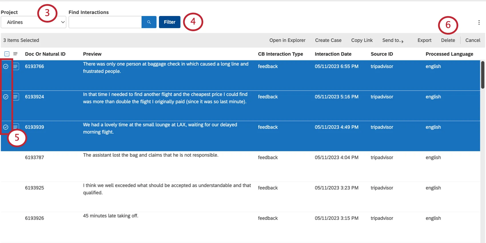 Componentes numerados de la página Interacciones