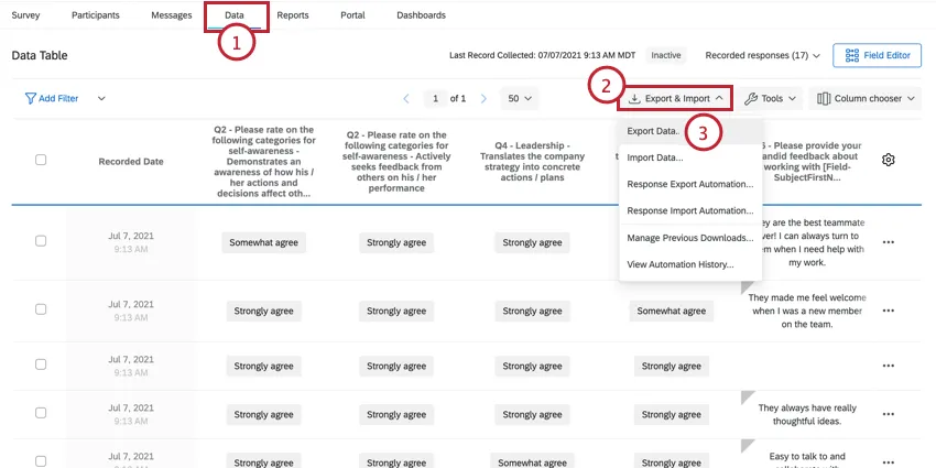 navigating to data and exporting data