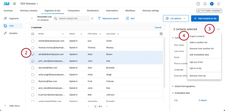 sélectionner plusieurs contacts dans une Liste puis cliquer sur exporter les contacts sous les trois points, et non sur le bouton des options de la liste