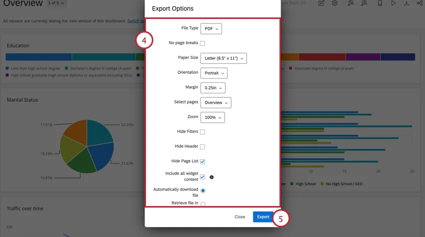 le choix des options dexportation et lexportation du tableau de bord