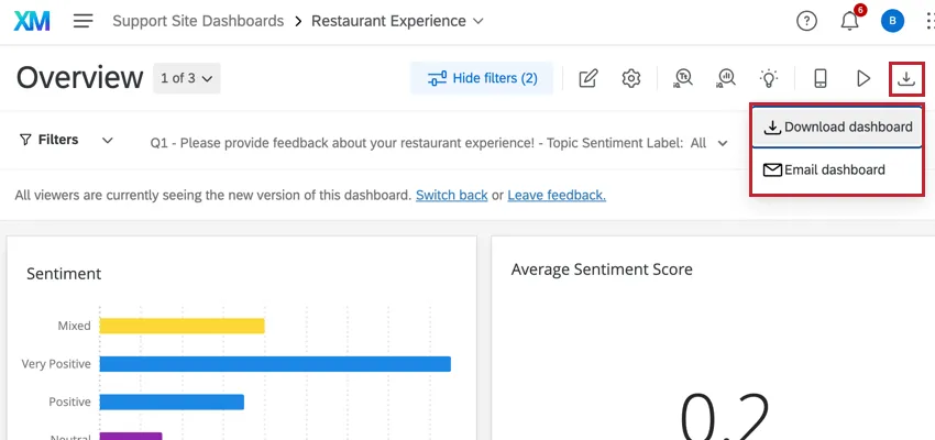 die Schaltfläche „Exportieren“ oben im Dashboard