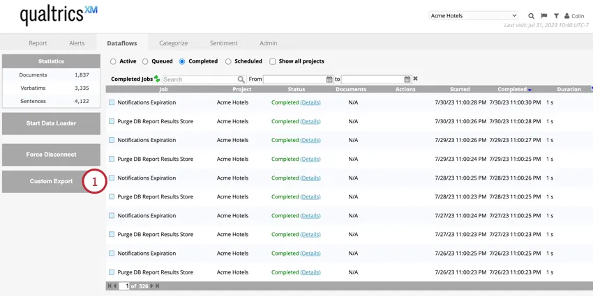 clicking Custom Export in the Dataflows tab