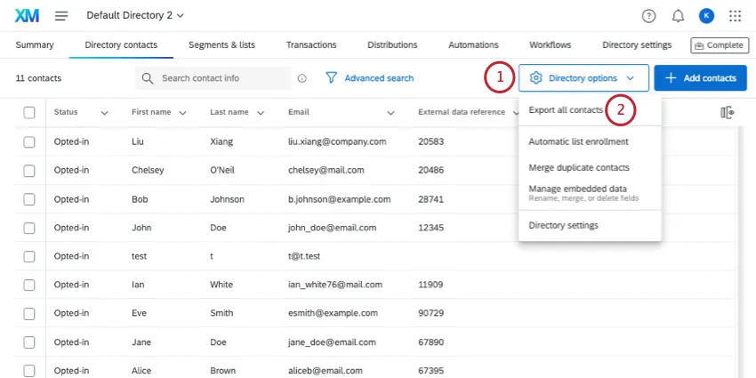 Selecting export all contacts from the directory options button
