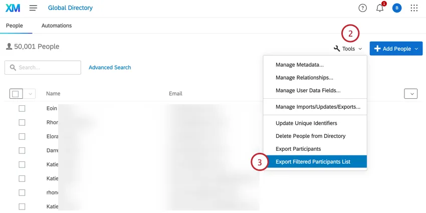 ツールをクリックし、フィルタリングした参加者リストをエクスポートする。