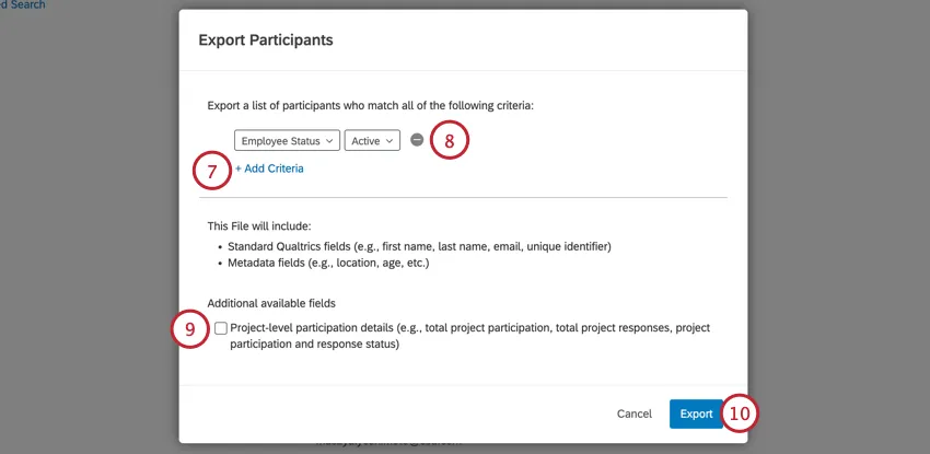 adicionar mais critérios e optar por incluir campos extras participante