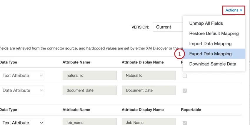 selecting export data mapping from the actions menu