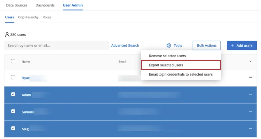 Selecting users and exporting them using the Bulk Actions option