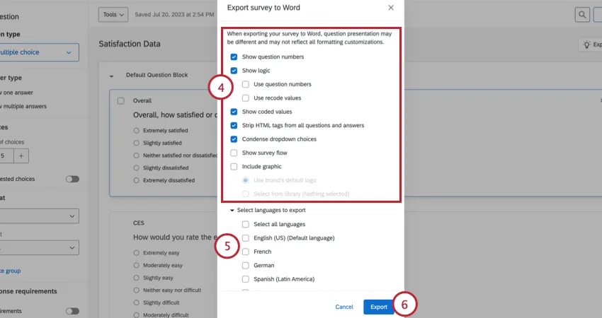 sélectionner des options dexportation et cliquer sur Exporter