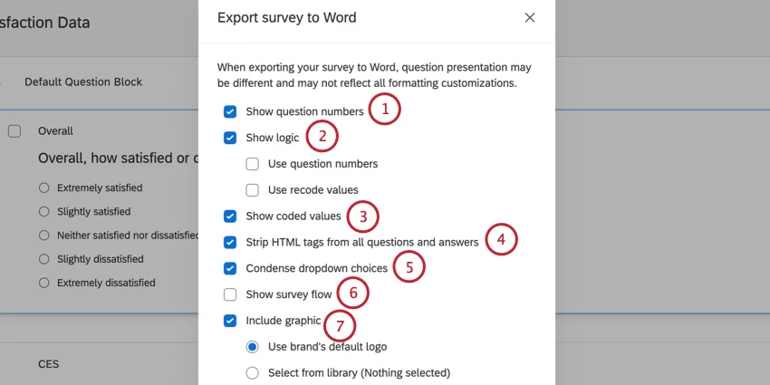 the options for exporting a survey to Word