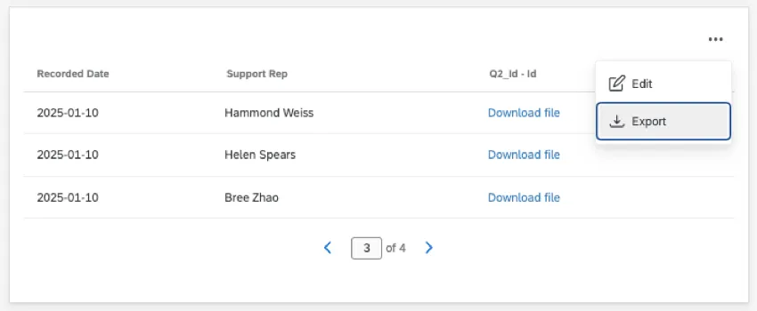 table widget, 3 dots clicked, menu appears with export as an option
