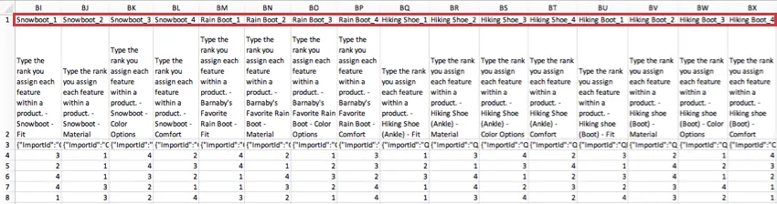 The header row is highlighted to show that the columns are now named for the export tags in the previous picture, just with an underscore and a number afterwards