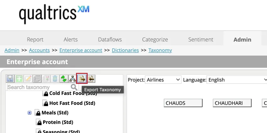 clicking the export taxonomies button