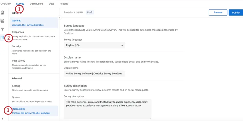 clicking survey, then survey options, then translations