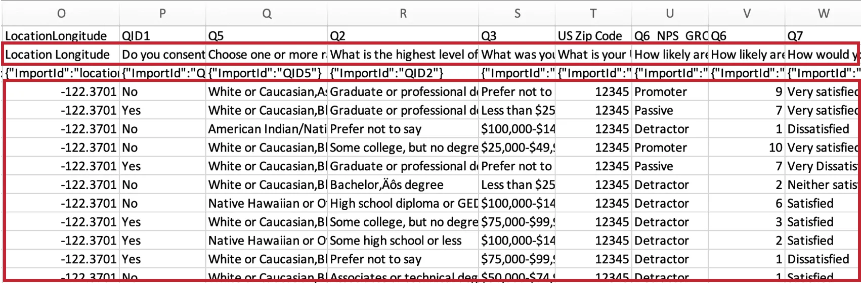 An exported data file that has the first row highlighted but the second and third scratched out