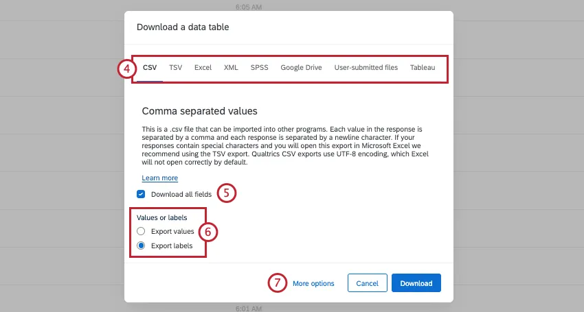 Menu Baixar tabela de dados com opções de formato e o botão Baixar